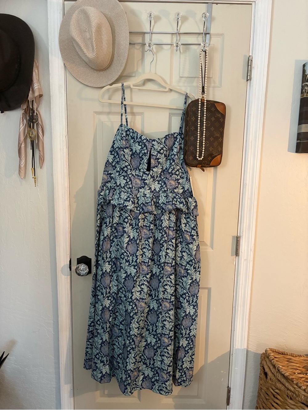 Hyacinth House Blue Floral Print Peplum Spaghetti Strap Dress